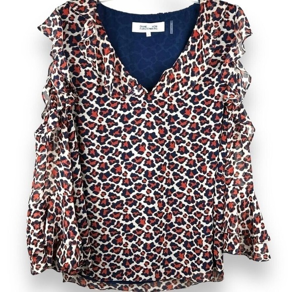 Diane Von Furstenberg Top Womens Size XL Ruffle Bell Sleeves Animal Print Boho - Picture 10 of 10